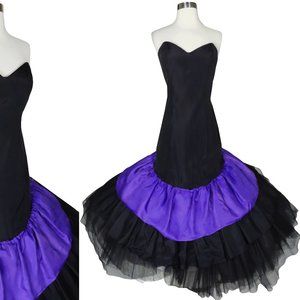 Vintage 80s Black Purple Taffeta Strapless Full Mermaid Skirt Prom Party Dress M